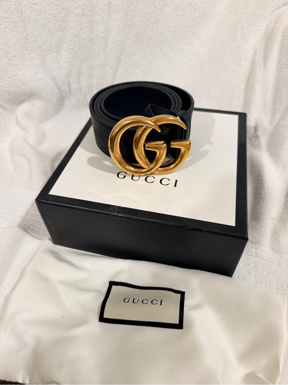 Gucci Black Leather Belt with Gold Double G Interlocking Buckle